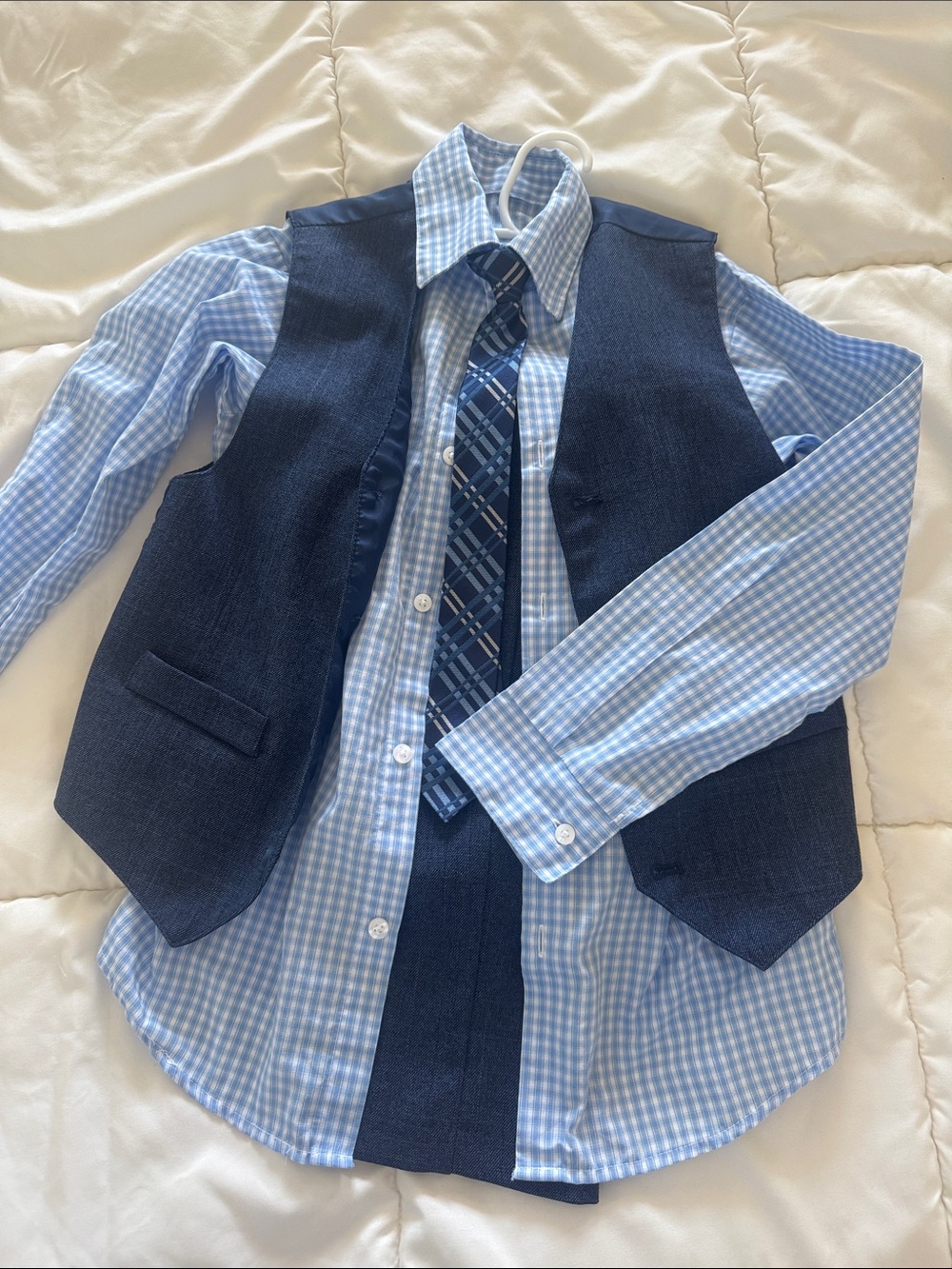 Izod Boys Blue Gingham Shirt with Navy Vest and Plaid Tie